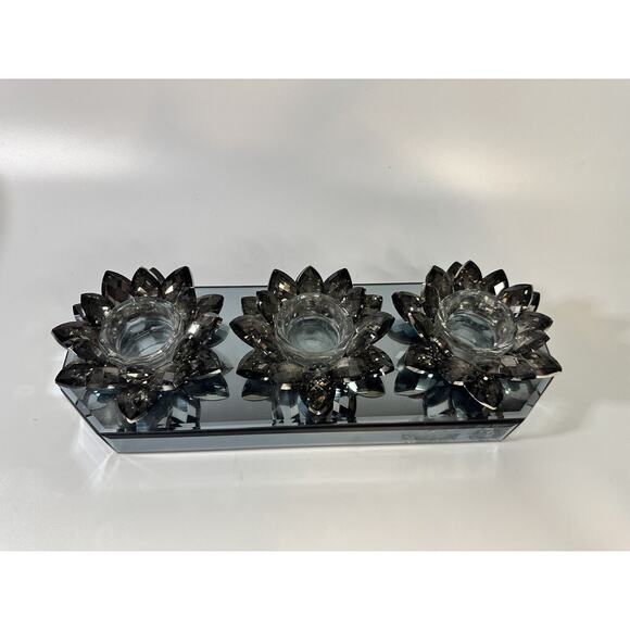 Triple Crystal Candle Holder Gray Mirror Base Lotus Flower Zen Light - No Candle - Picture 5 of 11